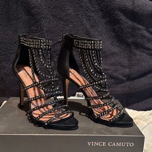 Vince Camuto Black Satin Strappy Studded Heels
